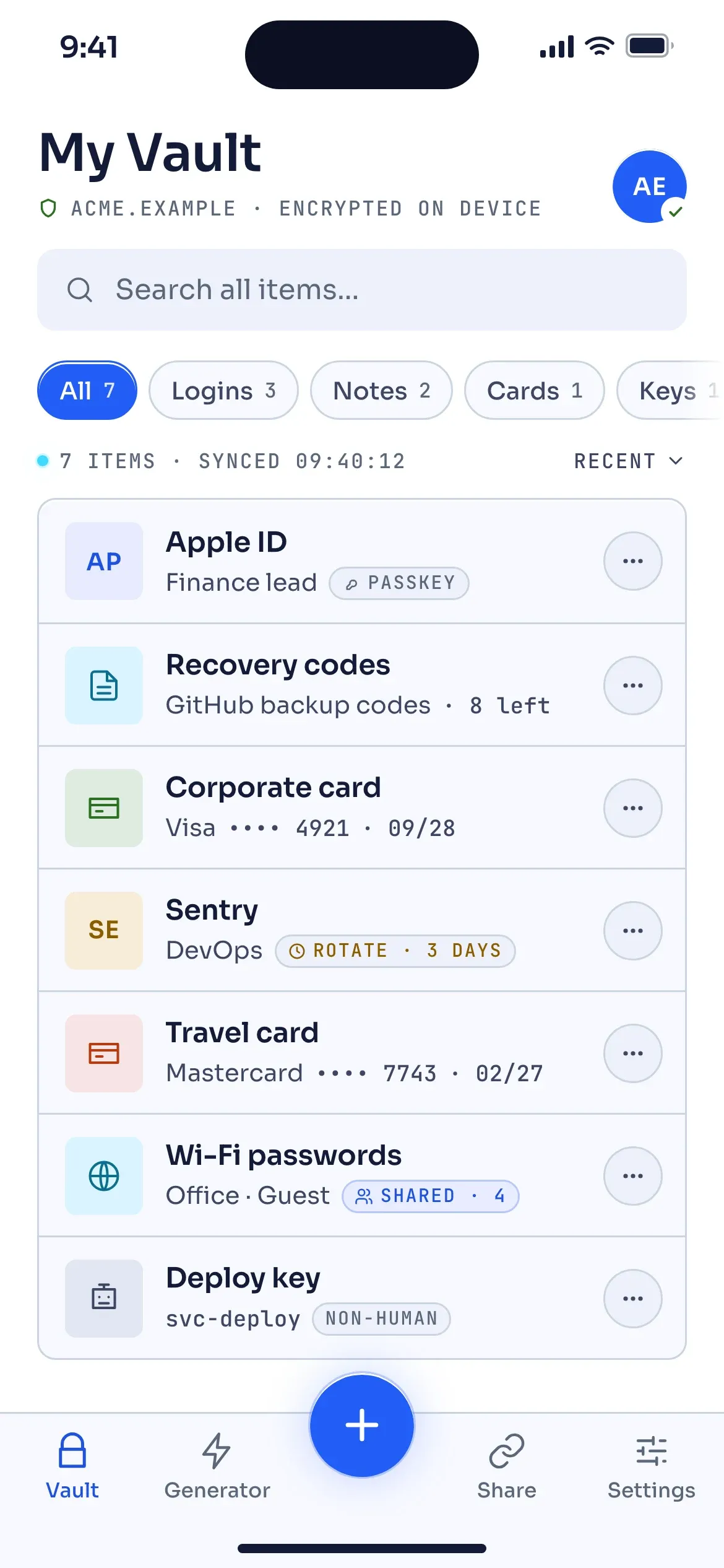 Sequrely iOS app, My Vault screen in light theme: a search field, filter chips for all items, logins, notes, cards and keys, a list of seven vault items including a passkey, recovery codes, a masked corporate card and a non-human deploy key, an add button and a bottom tab bar with Vault, Generator, Share and Settings.